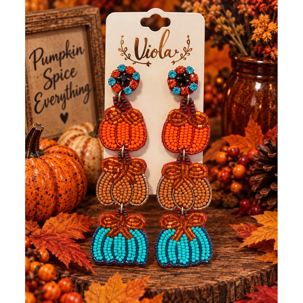 Triple Pumpkin Seed Bead Earrings Turquoise Orange Fall Statement